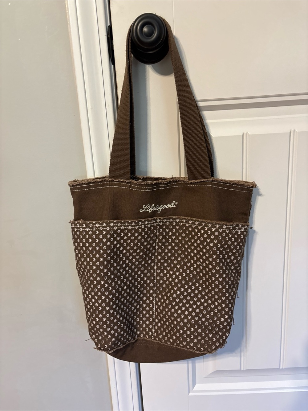 Life is Good Brown Patterned Canvas Tote Bag
